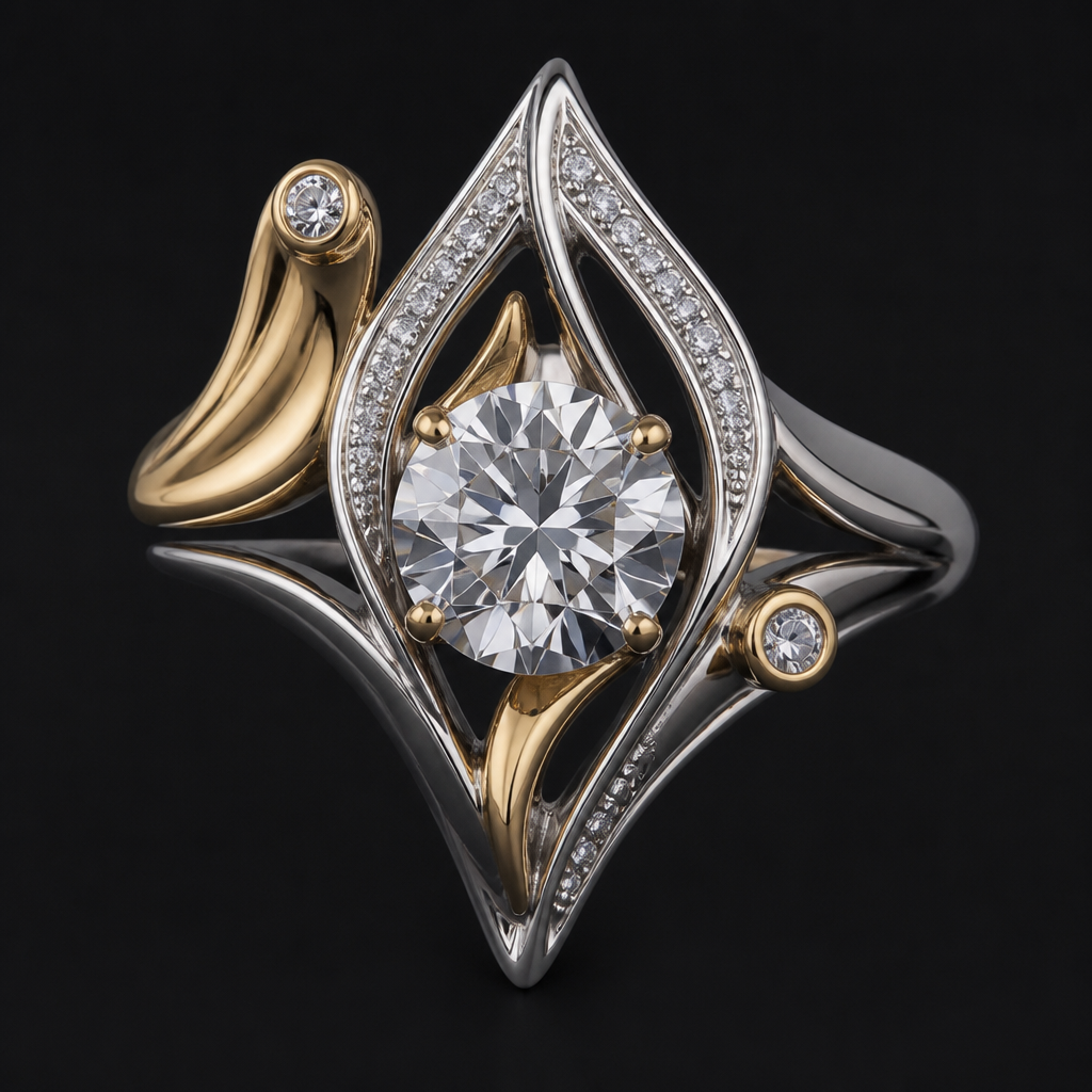 A avant-garde women's ring made of mixed metal with diamond stones suitable for festival. An extraordinary excellent beautiful delicate and elegant solitaire women ring. Face of the ring.
photorealistic jewelry design, A avant-garde women's ring made of mixed metal with diamond stones suitable for festival. An extraordinary excellent beautiful delicate and elegant solitaire women ring. Face of the ring., avant_garde style, just the design no text