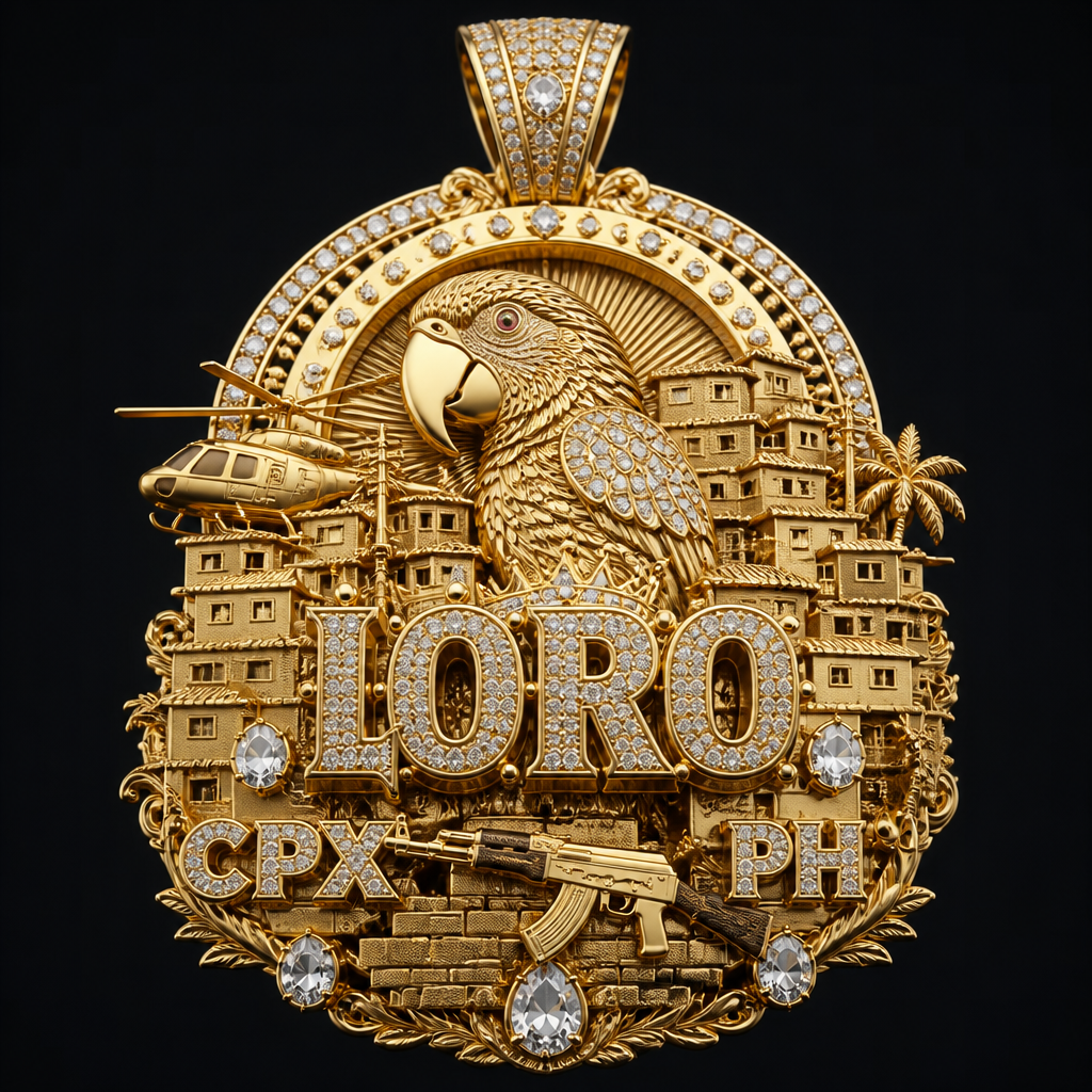 A luxury men's pendant made of gold suitable for daily wear, highly ornate, intricate and elaborate, richly detailed. Crie um pingente de ouro de luxo exagerado tipo de dono de morro, vou falar umas temáticas e você inventa:
Favelas.
Um papagaio loro forte.
Um nome grande em uma parte "LORO"
Em outra parte escrito "CPX" e "PH"
Algumas pedras cravejadas.
E outras coisas no pingente pra deixar tipo dono de morro/favela.
Obs principais: deixe a cor do ouro claro e deixe o pingente 100% otimizada.
photorealistic jewelry design, A luxury men's pendant made of gold suitable for daily wear, highly ornate, intricate and elaborate, richly detailed. Crie um pingente de ouro de luxo exagerado tipo de dono de morro, vou falar umas temáticas e você inventa:
Favelas.
Um papagaio loro forte.
Um nome grande em uma parte "LORO"
Em outra parte escrito "CPX" e "PH"
Algumas pedras cravejadas.
E outras coisas no pingente pra deixar tipo dono de morro/favela.
Obs principais: deixe a cor do ouro claro e deixe o pingente 100% otimizada., luxury style, just the design no text