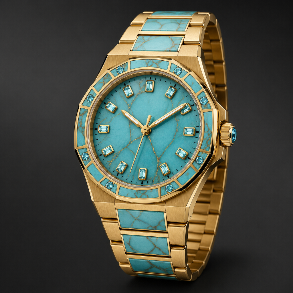 A modern men's watch made of gold with turquoise and aquamarine stones suitable for formal
photorealistic jewelry design, A modern men's watch made of gold with turquoise and aquamarine stones suitable for formal, modern style, just the design no text
