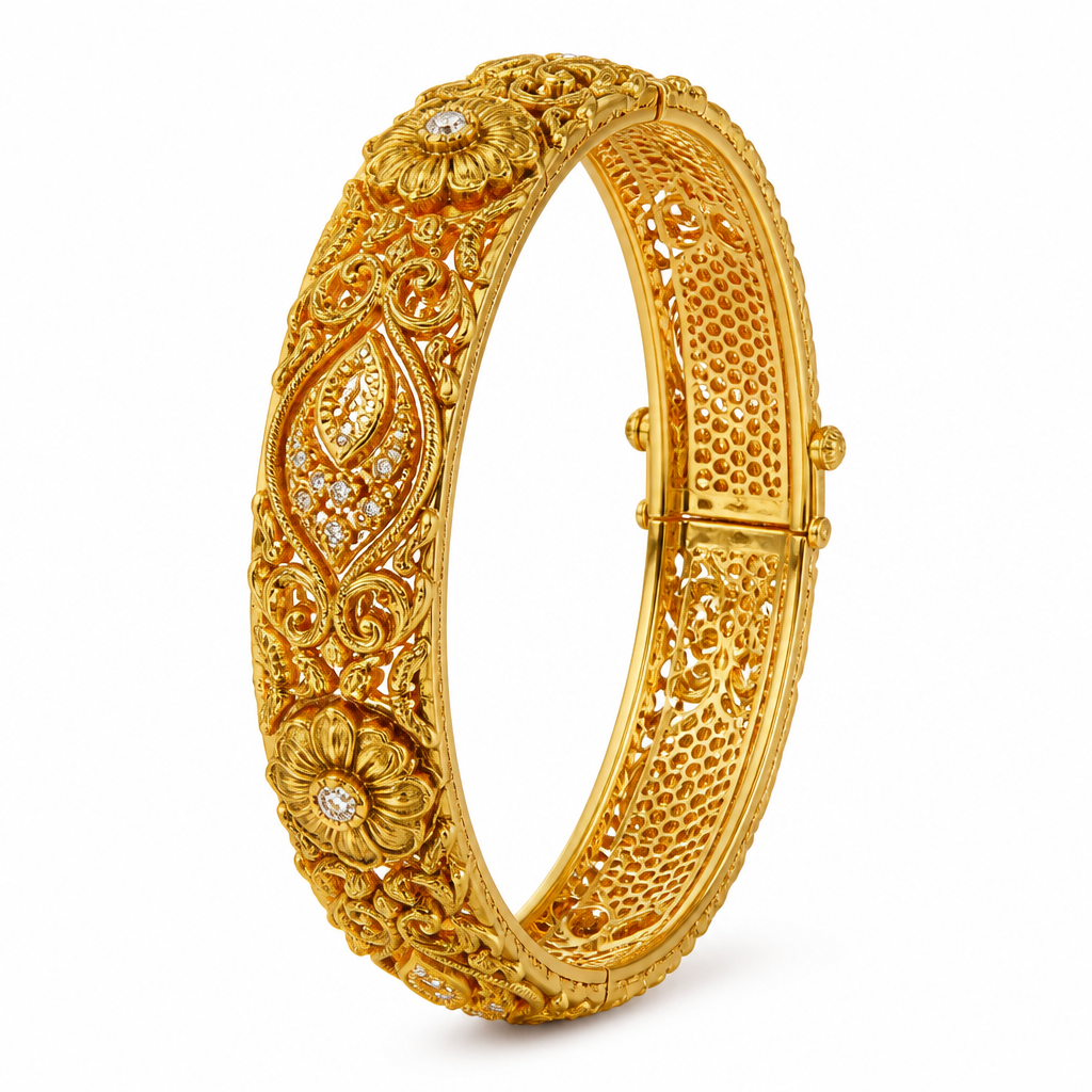 "Create an ultra-luxury pure 22K gold kangan for a young woman. The design should be elegant, modern, and premium with intricate floral and geometric carvings, delicate filigree work, and subtle diamond accents. The kangan should have a rich royal look inspired by contemporary Indian jewelry, with a smooth polished finish and detailed craftsmanship. Professional jewelry product photography, realistic gold texture, high-end showroom quality, white background, 4K ultra-detailed rendering."
photorealistic jewelry design, "Create an ultra-luxury pure 22K gold kangan for a young woman. The design should be elegant, modern, and premium with intricate floral and geometric carvings, delicate filigree work, and subtle diamond accents. The kangan should have a rich royal look inspired by contemporary Indian jewelry, with a smooth polished finish and detailed craftsmanship. Professional jewelry product photography, realistic gold texture, high-end showroom quality, white background, 4K ultra-detailed rendering.", byzantine style, just the design no text