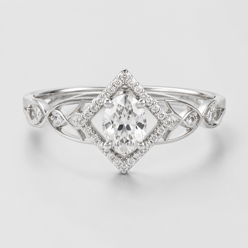 A women's ring made of silver with diamond stones. bague sertie d'un diamant oval, à l'intérieur du carré feminin travaillé et delicat, minimaliste metal fin, style dentelle
photorealistic jewelry design, A women's ring made of silver with diamond stones. bague sertie d'un diamant oval, à l'intérieur du carré feminin travaillé et delicat, minimaliste metal fin, style dentelle, modern style, just the design no text