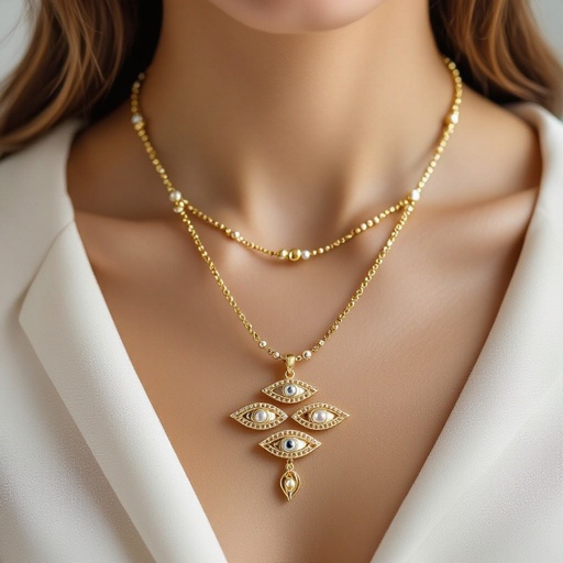 Кулон на длинной цепочке. Матовое светлое золото. В цепочке небольшие золотые шарики и жемчуг. Кулон в форме трех глаз, два горизонтально и один между ними сверху вертикально узоры завитушки 