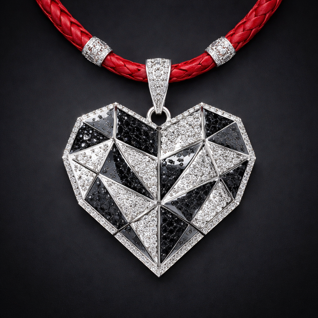Geomatric pendant of heart of ede style and shape white black diamonds of love shape of little bit of stones and chain of red leather