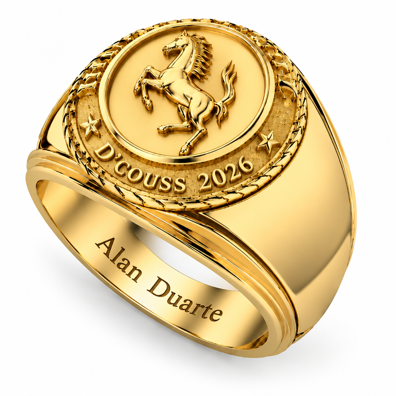 A men's ring. en el borde pon D'couss 2026 y dentro del anillo Alan Duarte
using the attached image as a visual reference, create A men's ring. en el borde pon D'couss 2026 y dentro del anillo Alan Duarte. photorealistic, just the design no text