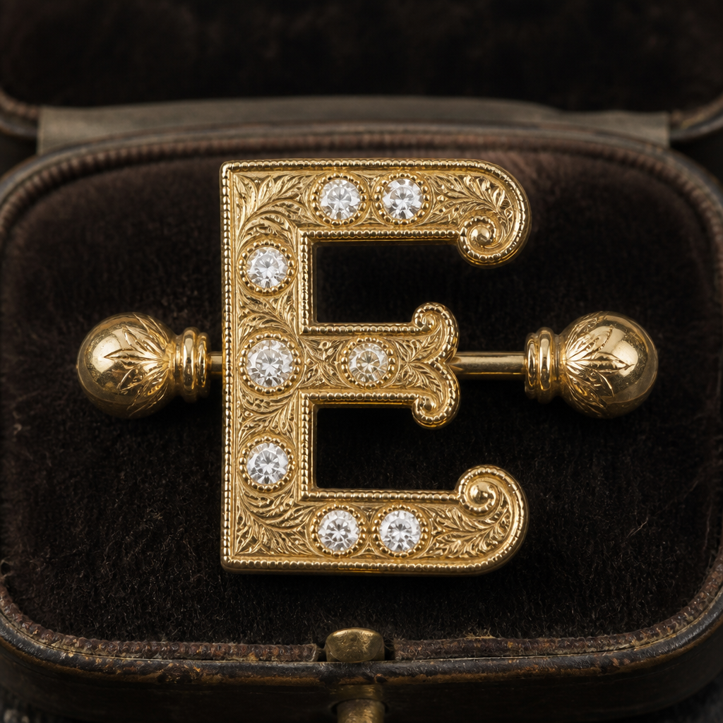 nipple piercing in form of a capital "E" with white gems
Vintage jewelry: Vintage nipple piercing, capital "E" shape, white gems, milgrain, engraved gold, antique style.