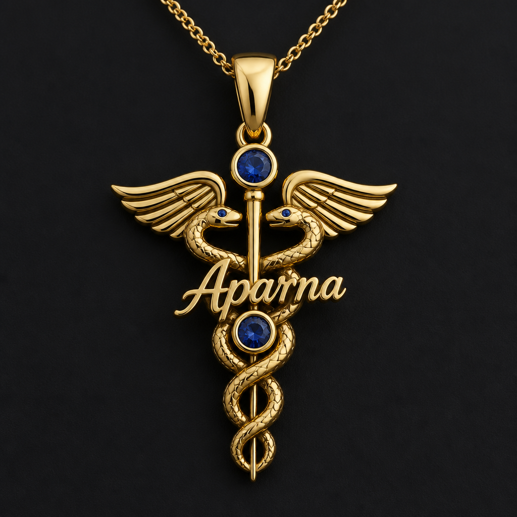A women's pendant with sapphire stones suitable for daily wear. A doctor symbol with blue gem stones on the eyes of the snake and between the design Aparna is carved on it the name should be italicized and made up of gold
photorealistic jewelry design, A women's pendant with sapphire stones suitable for daily wear. A doctor symbol with blue gem stones on the eyes of the snake and between the design Aparna is carved on it the name should be italicized and made up of gold, modern style, just the design no text