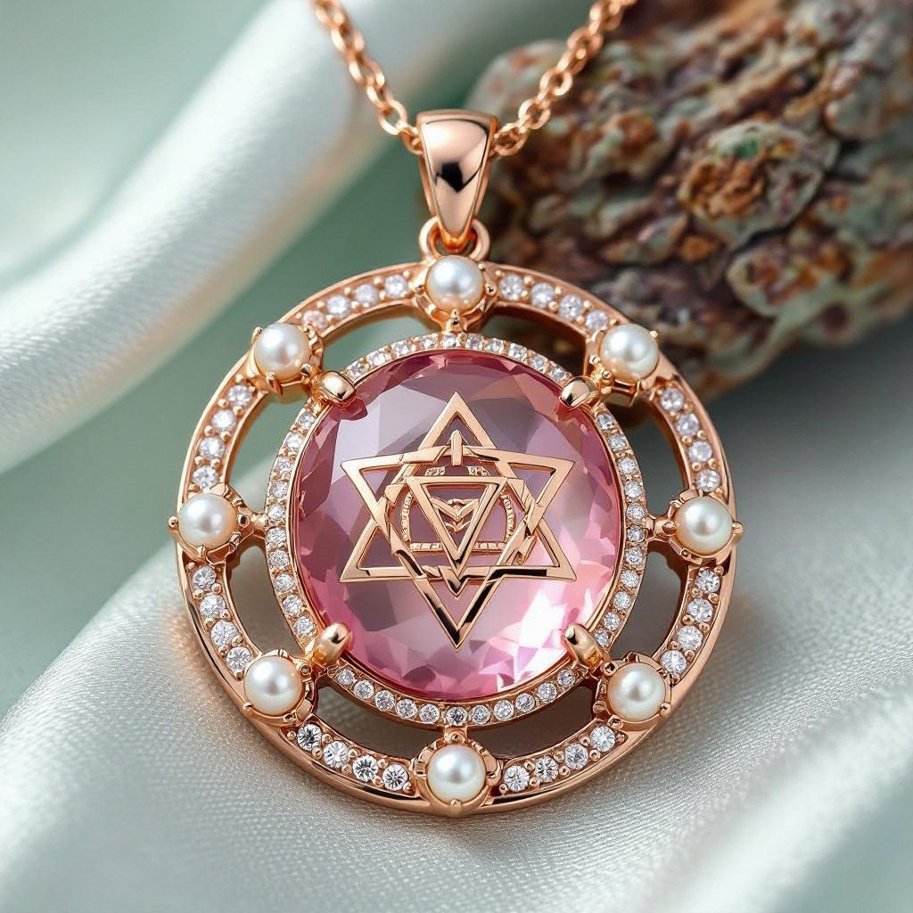 A Merkabah symbol with pink quartz and pearls
