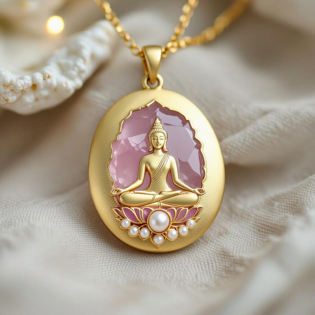 Кулон на длинной цепочке. Матовое светлое золото. В цепочке небольшие камушки розового необработанного кварца и жемчуга. Кулон в форме неровного мятого круга. На круге изображен силуэт девушки в позе лотоса нечетко