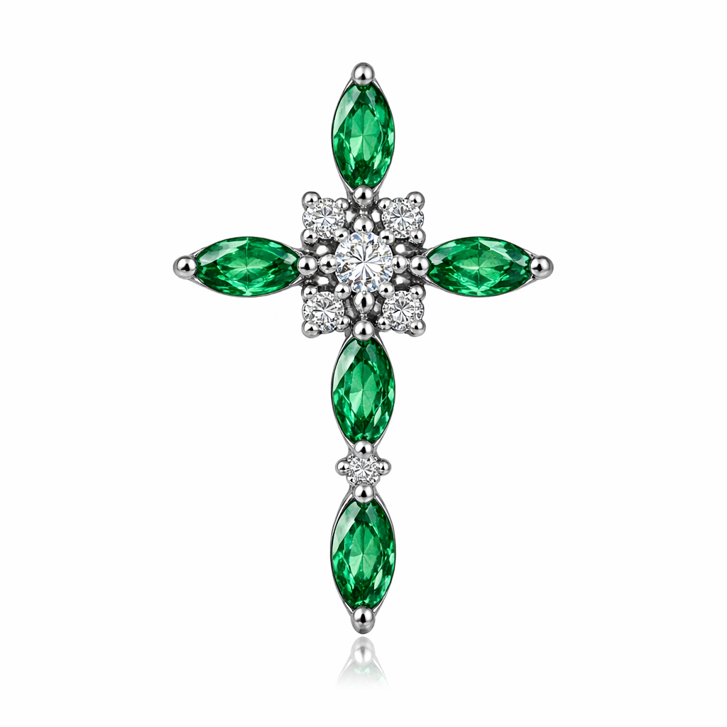 3 x 5 mm Marquise cut emerald white gold cross with a few diamonds accents. No bale.