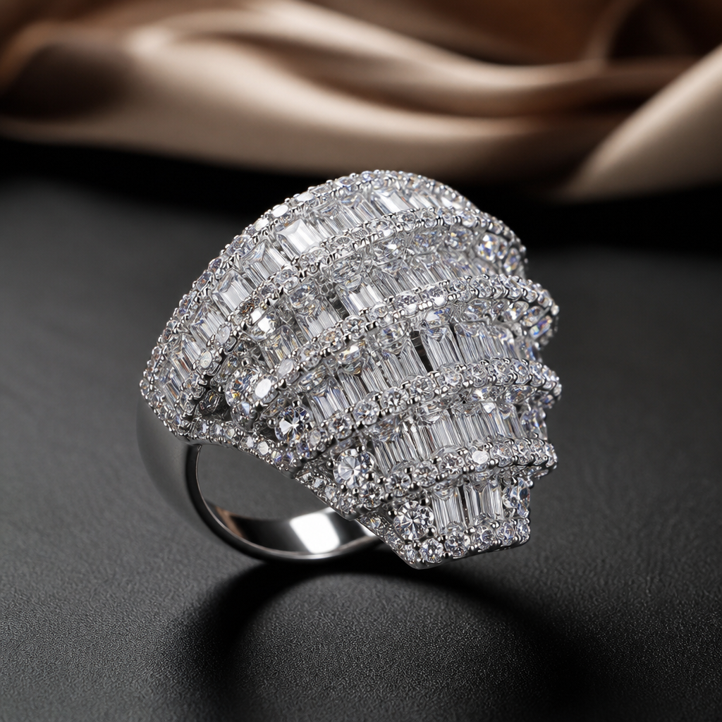 A luxury women's ring made of silver with diamond stones. full ice
photorealistic jewelry design, A luxury women's ring made of silver with diamond stones. full ice, luxury style, just the design no text