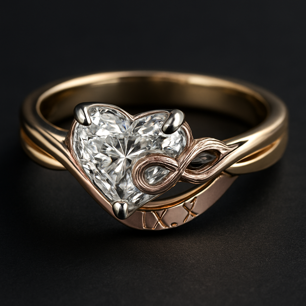 العنصر	: المواصفات التفصيلية للمُصمم / الصائغ الستايل	:أنثوي، راقٍ، حديث، غير مكرر. يجمع بين الفخامة والرقة والرومانسية. الحجر المركزي: 	ألماسة طبيعية، شكل قلب 💖، بتثبيت ثلاثي ناعم (V-Prong) من الذهب الأبيض. تثبيت الألوان	: هيكل ثلاثي الألوان (Tri-Color Fusion 18K): (1) ذهب أبيض للقاعدة والثبات. (2) ذهب وردي لرمز اللانهاية والنقش. (3) ذهب أصفر للحواف الخارجية اللامعة فقط. رمز اللانهاية ♾️	: يتشابك حول قاعدة الألماسة، مصنوع من خيوط دقيقة متداخلة من الذهب الوردي والأبيض. النقش الخارجي	: التاريخ IX.X محفور بارزاً (In Relief) على الحافة الخارجية للساق، ومُلمَّع بالذهب الوردي (High-Polish Rose Gold). اللمسات النهائية	: تباين بين اللمعان العالي (High Polish) للحواف والذهب الأصفر، وبين اللمعان الناعم (Soft Polish/Brushed Finish) للهيكل الداخلي. لقطة العرض المطلوبة: 	لقطة 45 التركيز: التركيز الأساسي على الألماسة المركزية، مع وضوح حاد للنقش (IX.X) ورمز اللانهاية المتشابك. التوازن المثالي بين الظلال (Deep Shadows) واللمعان (Sparkle). اهم اشي يكون مبين فخم وراقي وانثوي وحديث عصري ميكونش مبين قديم اهم اشي حديث واشي مميز ع الاخر محداش صمم متلو بالحياة