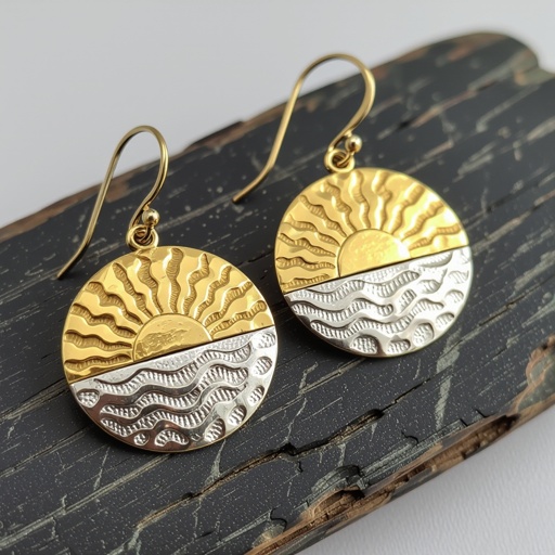 Золотые серьги полукруг половинка горящего солнца мятое неровное золото лучи волнистые другая половинка круга серебряная 