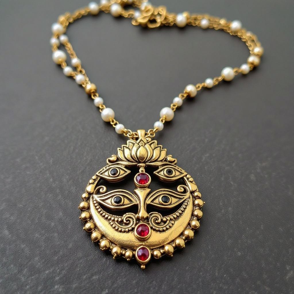 Кулон на длинной цепочке. Матовое светлое золото. В цепочке небольшие золотые шарики и жемчуг. Кулон в виде двух глаз над ними лотос с маленьким красным камнем внутри узоры завитушки 