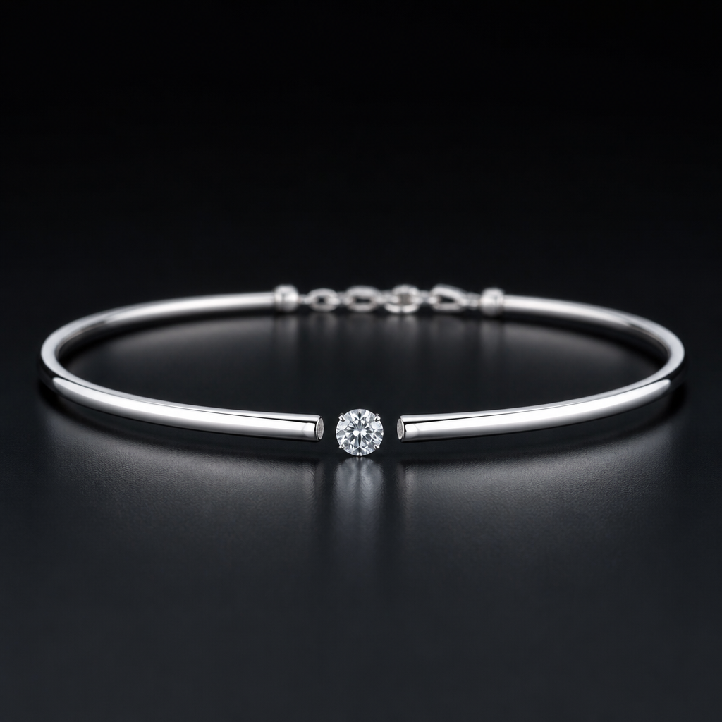 A minimalist women's anklet made of silver with diamond stones suitable for daily wear. a anklet hard one with a gap in centre and in that centre there should be a precious diamong
photorealistic jewelry design, A minimalist women's anklet made of silver with diamond stones suitable for daily wear. a anklet hard one with a gap in centre and in that centre there should be a precious diamong, minimalist style, just the design no text