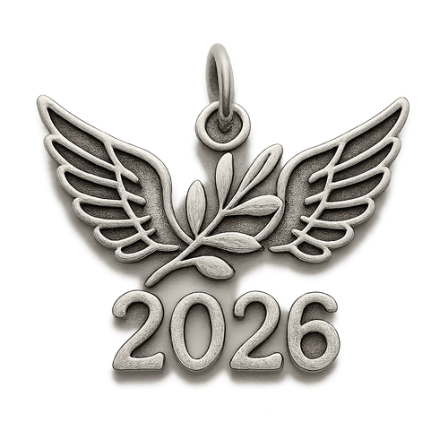 Silver cut-out charm only with  two spread out bird wings, an olive branch and  along year 2026