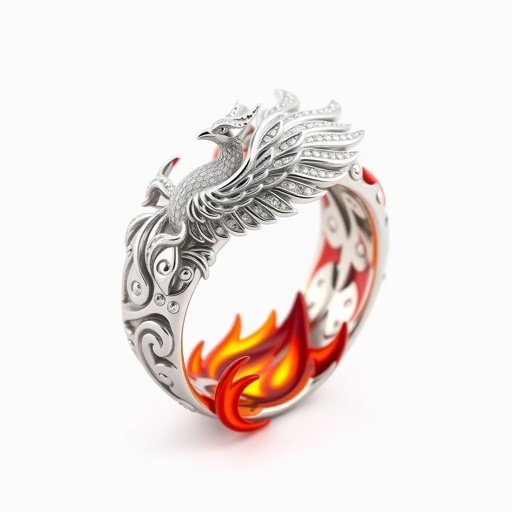 A platinum segnit ring with a phoenix symbol on it