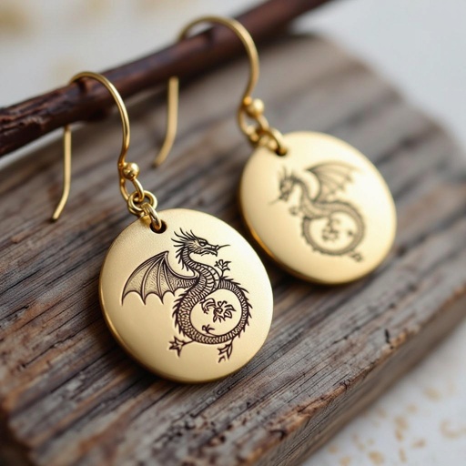 Золотые матовые серьги со схематическим изображением дракона узоры и камни мелкие раузтопаз