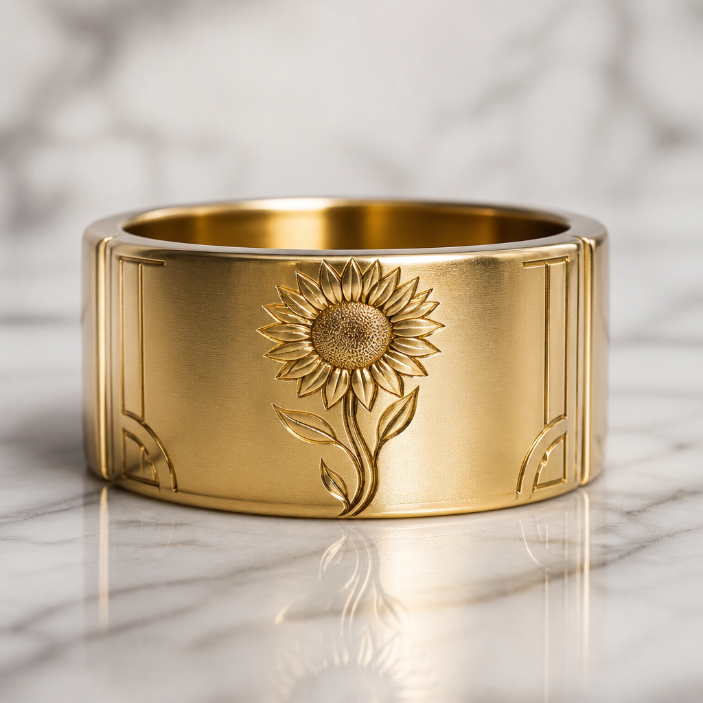 Solid band with sunflower ingraved and the stem spells shine