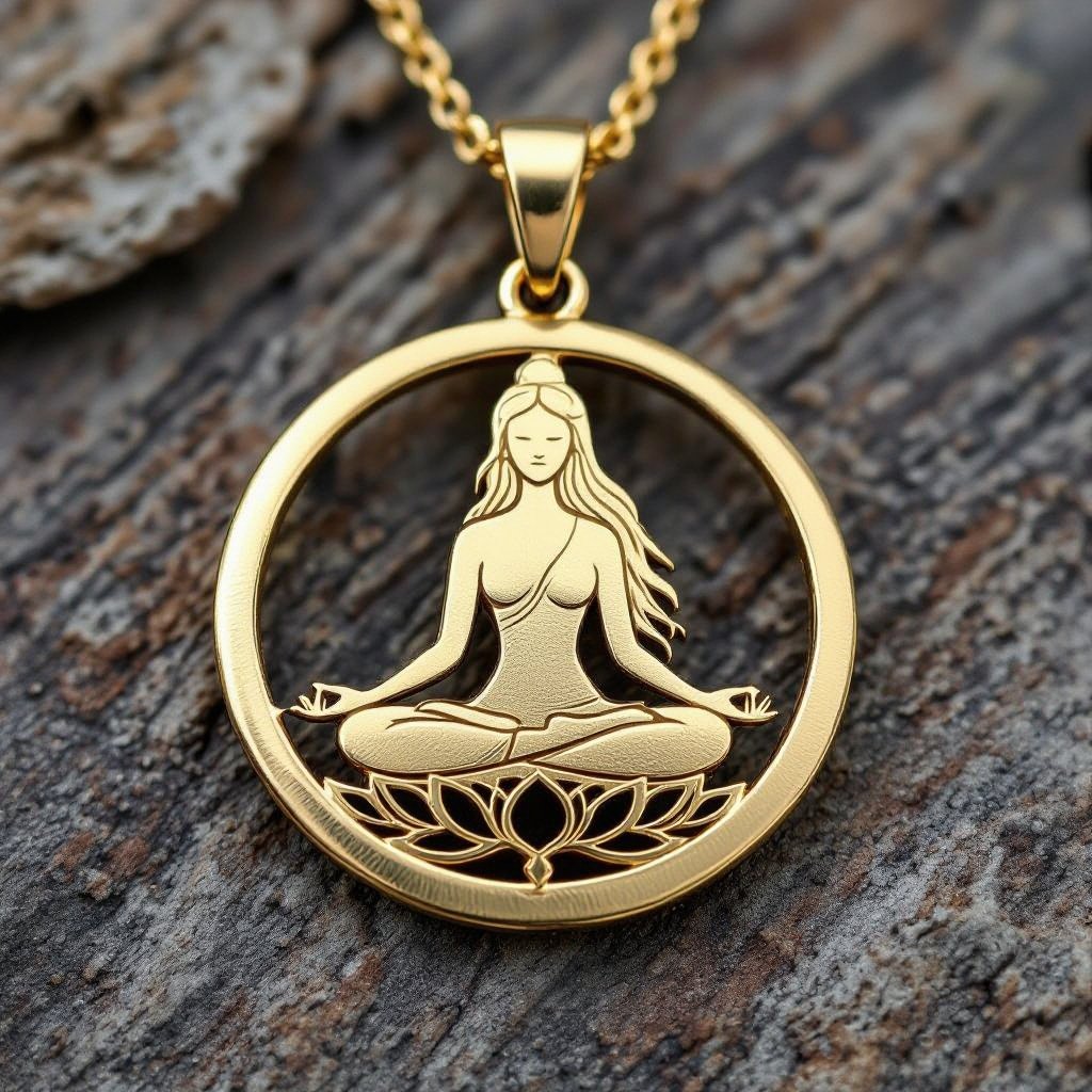 Золотой кулон в виде неровного круга в круге выгравирован силуэт женщины с длинными волосами в позе лотоса лица не видго
