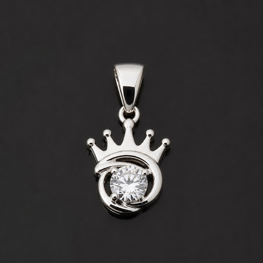 A women's pendant. small sterling silver with premium crown look
photorealistic jewelry design, A women's pendant. small sterling silver with premium crown look, modern style, just the design no text