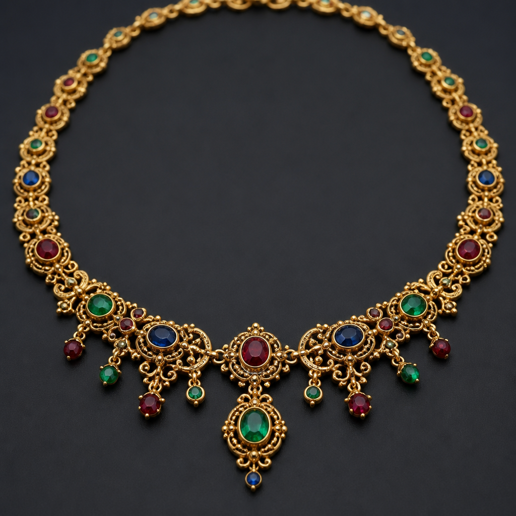 A medieval women's necklace made of gold with emerald and sapphire and ruby stones suitable for wedding
photorealistic jewelry design, A medieval women's necklace made of gold with emerald and sapphire and ruby stones suitable for wedding, medieval style, just the design no text