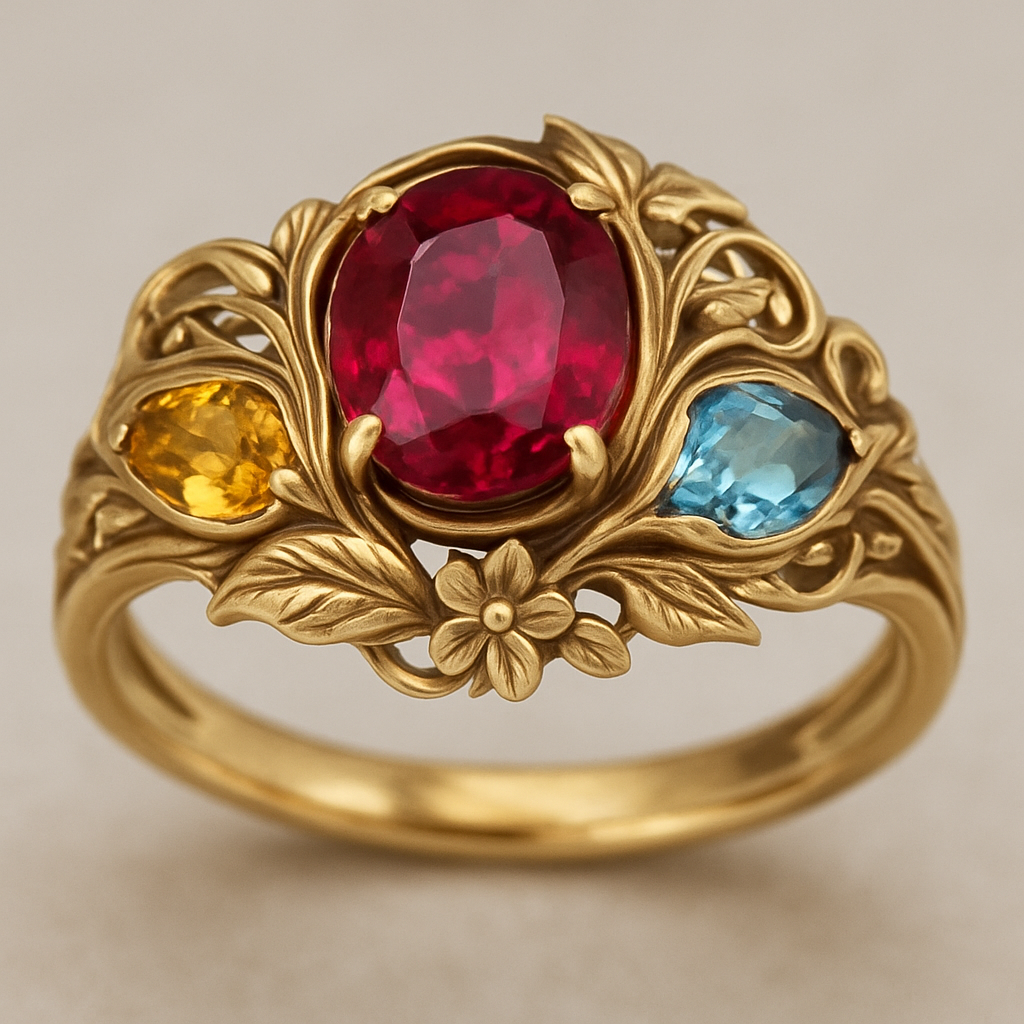 Ruby engagement ring with citrine and topaz inlays with nature themes