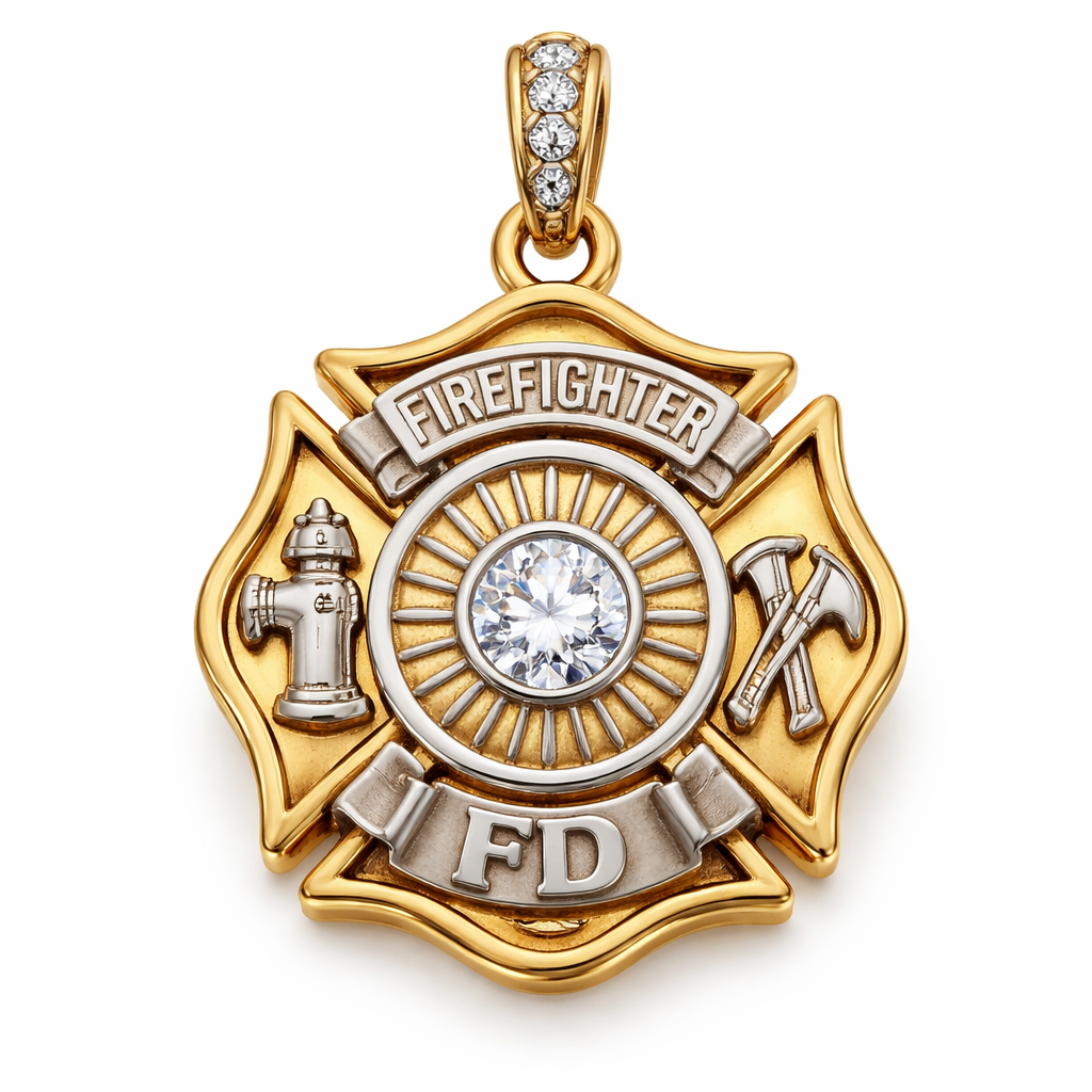 Firefighter Maltese charm two tone gold with a diamond in the center