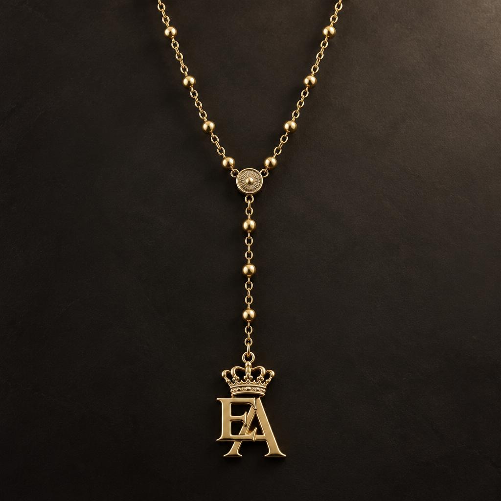 A modern men's necklace made of gold. I would like a rosary-style necklace, but instead of a cross at the pendant drop, I want a medallion featuring two joined initials—"EA"—topped with a royal crown. The necklace should be long and made of gold. Specifically, the medallion should consist only of the 3D initials with a 3D royal crown above them.
photorealistic jewelry design, A modern men's necklace made of gold. I would like a rosary-style necklace, but instead of a cross at the pendant drop, I want a medallion featuring two joined initials—"EA"—topped with a royal crown. The necklace should be long and made of gold. Specifically, the medallion should consist only of the 3D initials with a 3D royal crown above them., modern style, just the design no text
