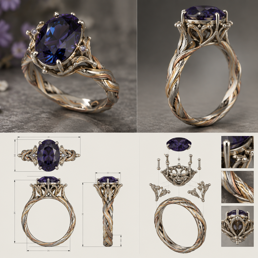 A modern women's ring made of silver, highly ornate, intricate and elaborate, richly detailed. i would like a ring with a deep dark purple/mauve almost not see thru with blueish reflection oval spinel mounted something feminin and also a tiny bit rustic simplistic and durable also elegant and stylish the shank would be 3 colors silver gold and rose gold in a mokume gane style twist with a bascket style mount for the gem
i would like to see a photo reealistic rendering of the piece and also a sketch with detailed measurment and assembling plan
photorealistic jewelry design, A modern women's ring made of silver, highly ornate, intricate and elaborate, richly detailed. i would like a ring with a deep dark purple/mauve almost not see thru with blueish reflection oval spinel mounted something feminin and also a tiny bit rustic simplistic and durable also elegant and stylish the shank would be 3 colors silver gold and rose gold in a mokume gane style twist with a bascket style mount for the gem
i would like to see a photo reealistic rendering of the piece and also a sketch with detailed measurment and assembling plan, modern style, just the design no text