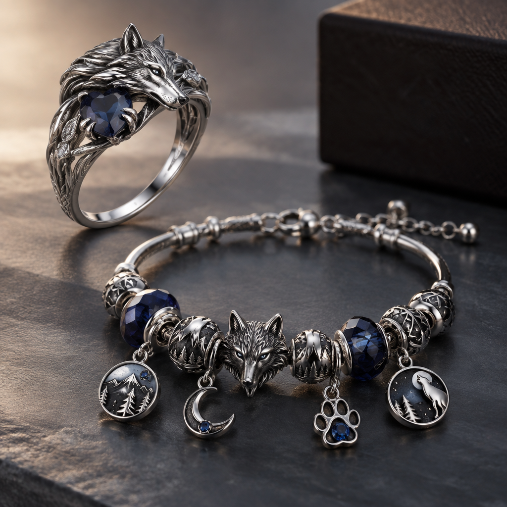 A women's ring made of silver suitable for gift. una pulsera con el nombre Lovillo y contenga cosas de lobo de q sea muy bonita
photorealistic jewelry design, A women's ring made of silver suitable for gift. una pulsera con el nombre Lovillo y contenga cosas de lobo de q sea muy bonita, modern style, just the design no text