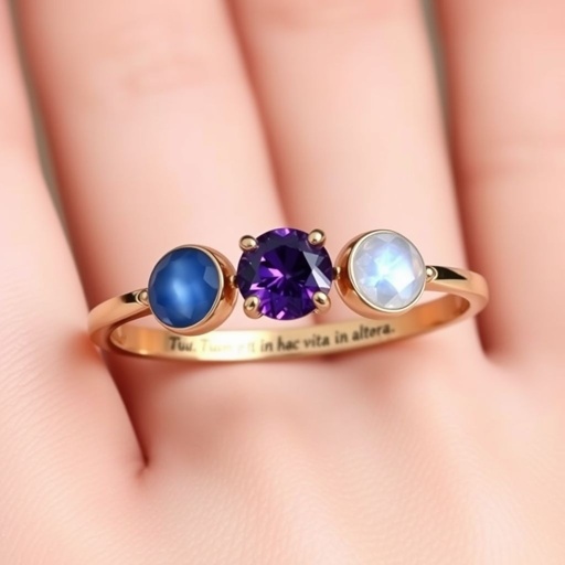 A simple, three stone 18 karat rose gold engagement ring set with a circular purple alexandrite. Also set with a small half moon blue chalcedony on one side right next to it, and a small half moon moonstone set on the other side right next to it. On the inside of the band, it has an inscription reading, “Tuum. Et in hac vita et in altera.”