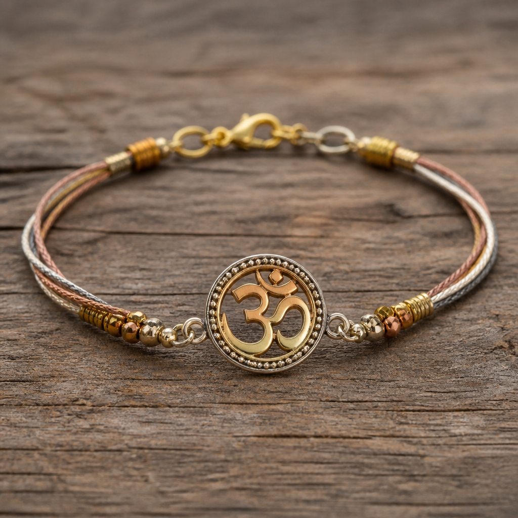 A bohemian women's bracelet made of mixed metal suitable for daily wear. make an symbol of om π in center
photorealistic jewelry design, A bohemian women's bracelet made of mixed metal suitable for daily wear. make an symbol of om π in center, bohemian style, just the design no text