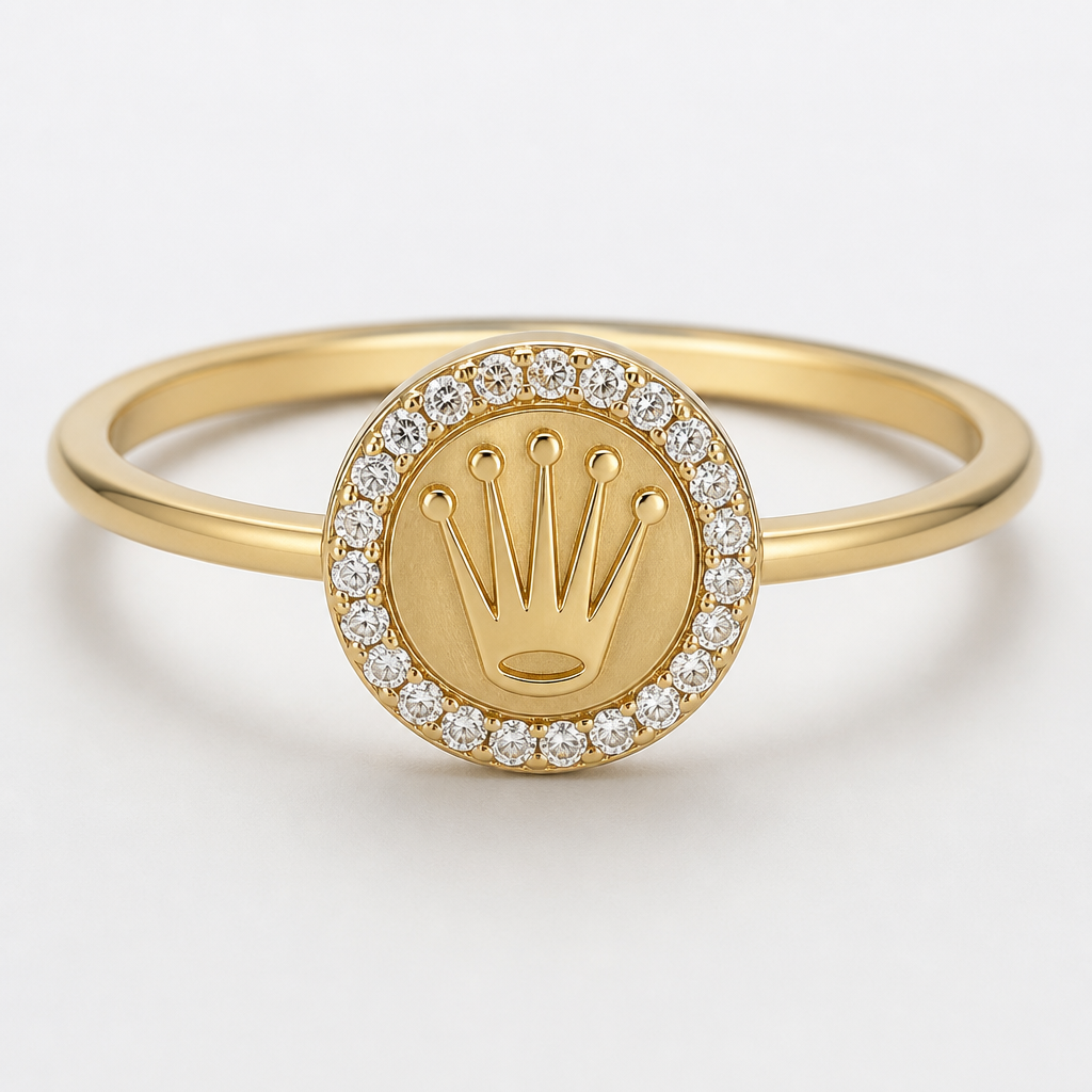 A women's ring. ANILLO CON CORONA ROLEX CON ARO SENCILLO DELICADO
CON UN ARO DE DE ZIRCONNES BLANCOS( EL ARO CON ZIRCONNES ES ALREDEDOR DE LA CORONA
photorealistic jewelry design, A women's ring. ANILLO CON CORONA ROLEX CON ARO SENCILLO DELICADO
CON UN ARO DE DE ZIRCONNES BLANCOS( EL ARO CON ZIRCONNES ES ALREDEDOR DE LA CORONA, modern style, just the design no text