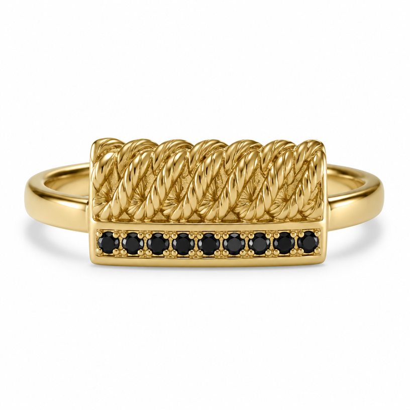 A women's ring. quiero cambiar los diamantes verdes por negros
using the attached image as a visual reference, create A women's ring. quiero cambiar los diamantes verdes por negros. photorealistic, just the design no text