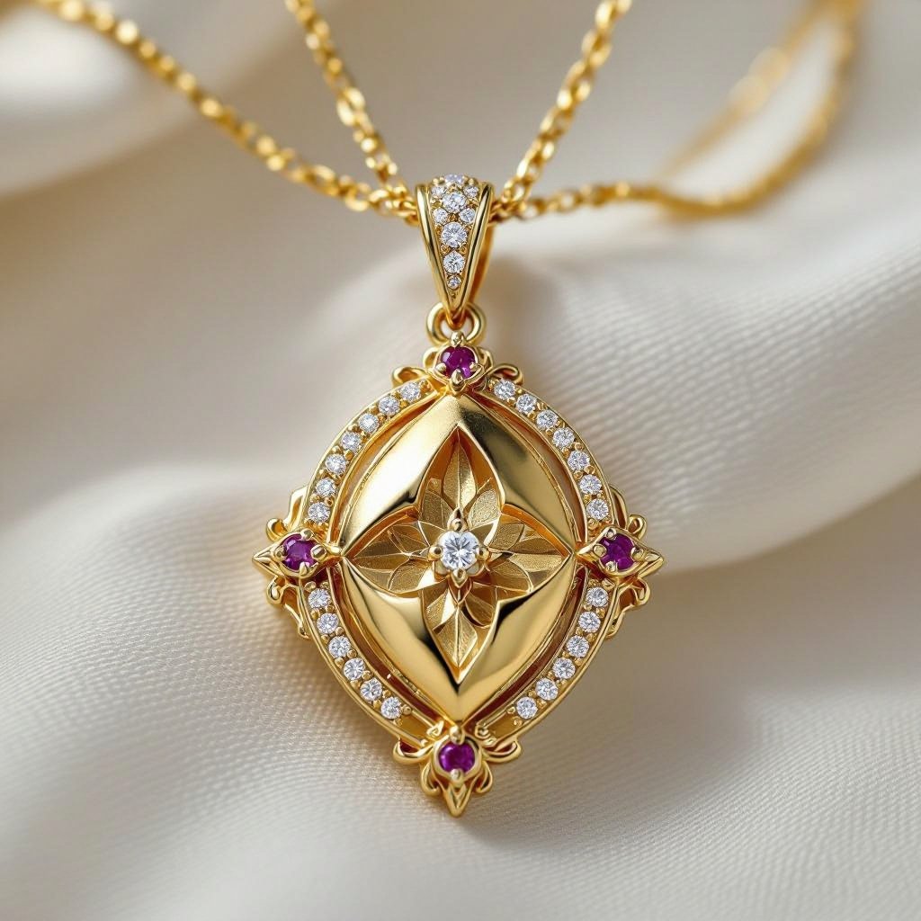 Подвеска из матового золота с узорами и мелкими камнями Vesica piscis