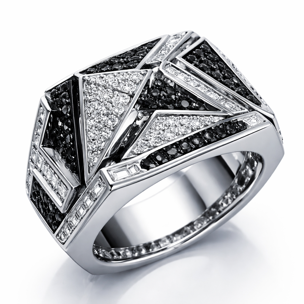 Geomatric pyramid sharp angles edgy angles ring for men of rectangular and sqaure shape of white and blcak diamonds of unique design and special shape