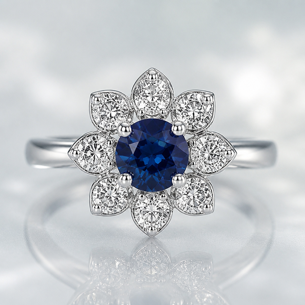 A classic women's ring made of silver with sapphire and diamond stones suitable for birthday. anello con Zaffiro blu centrale rotondo e petali di diamanti tipo fiore montato su oro bianco.
photorealistic jewelry design, A classic women's ring made of silver with sapphire and diamond stones suitable for birthday. anello con Zaffiro blu centrale rotondo e petali di diamanti tipo fiore montato su oro bianco., classic style, just the design no text