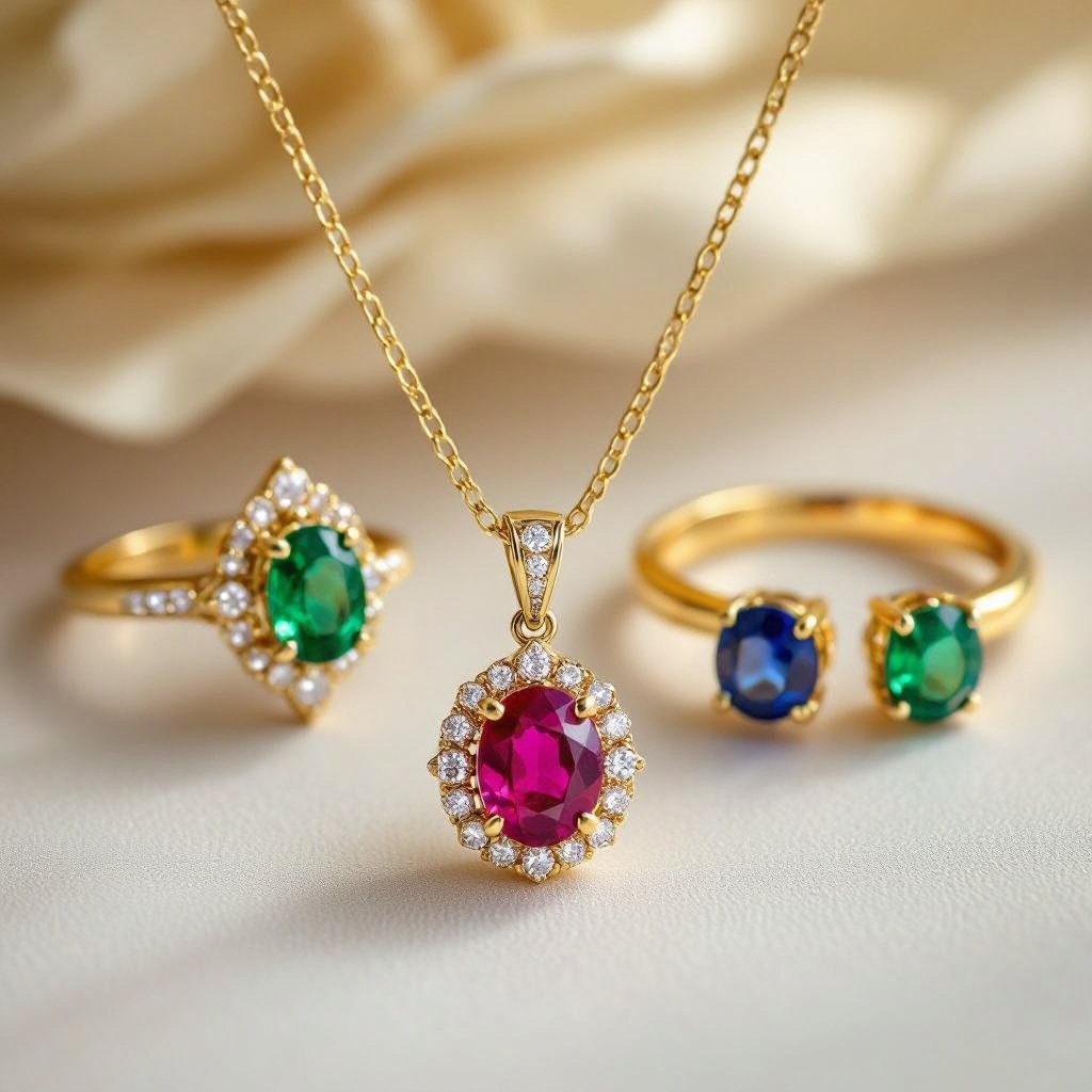 Necklace and ring and earring with luxury colorful jewel with gold