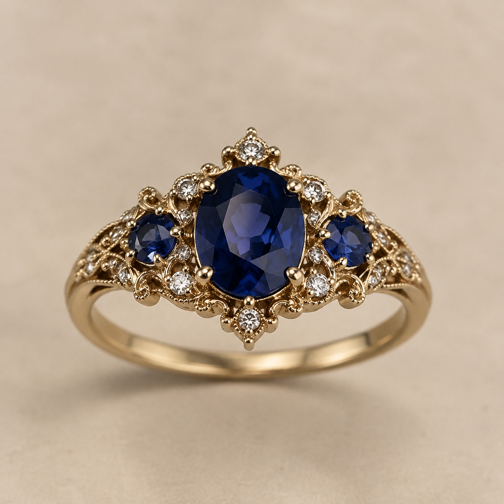 A vintage women's ring made of gold with sapphire stones suitable for engagement
photorealistic jewelry design, A vintage women's ring made of gold with sapphire stones suitable for engagement, vintage style, just the design no text