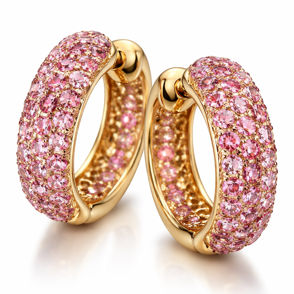 Gold pink sapphire pavé hoops
Gold pink sapphire pavé hoops , bespoke style