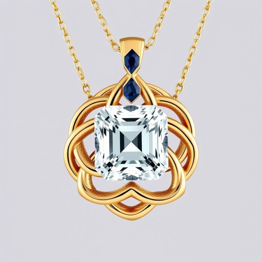 a Celtic trinity knot shaped 50 carat asscher-cut  gemstone and Navette-cut blue sapphire gemstone, FL IF clarity gold chain necklace