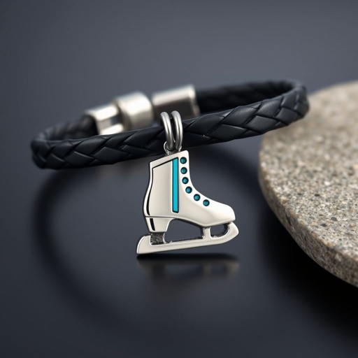 Bracelet black leather with silver ice skate and turquoise stripe inside the low thin part blade