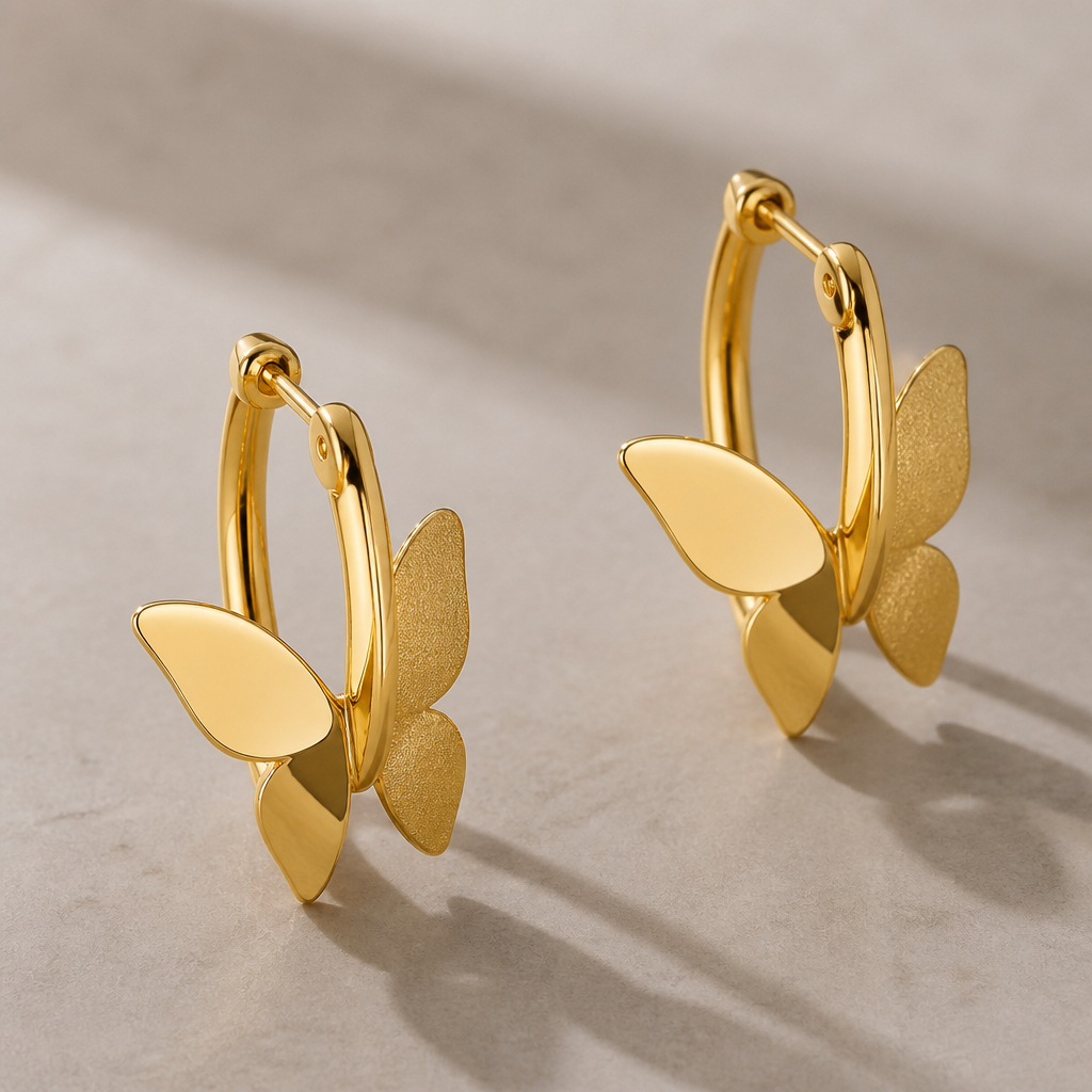 A modern women's earrings made of gold. butterfly
photorealistic jewelry design, A modern women's earrings made of gold. butterfly, modern style, just the design no text