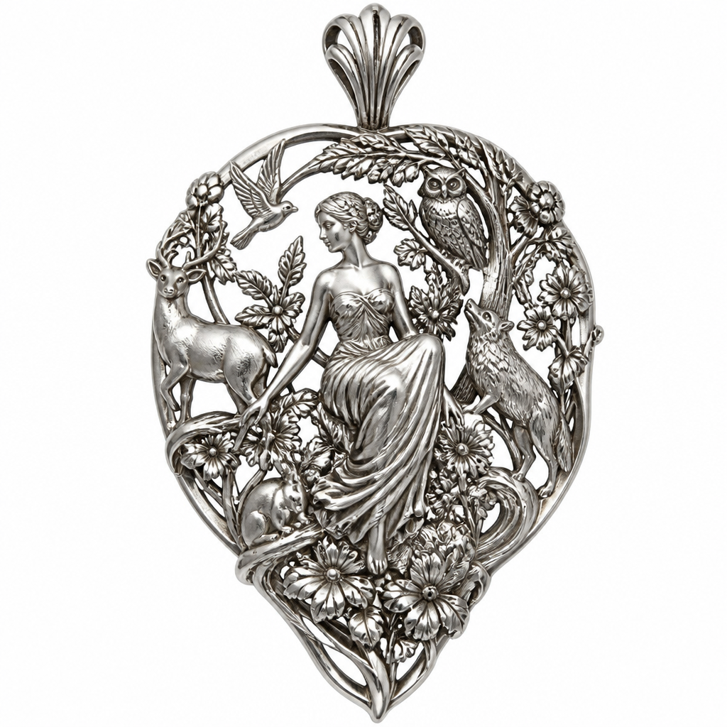A art deco women's pendant made of silver suitable for festival. An extraordinary excellent beautiful and delicate, super modern pendant with all the elements of nature, with all the animals, with all the plants and with all the flowers of the forest of the mountains, without stones, without background only the pendant, all the animals, plants, trees, flowers, women to be like statues.
photorealistic jewelry design, A art deco women's pendant made of silver suitable for festival. An extraordinary excellent beautiful and delicate, super modern pendant with all the elements of nature, with all the animals, with all the plants and with all the flowers of the forest of the mountains, without stones, without background only the pendant, all the animals, plants, trees, flowers, women to be like statues., art_deco style, just the design no text