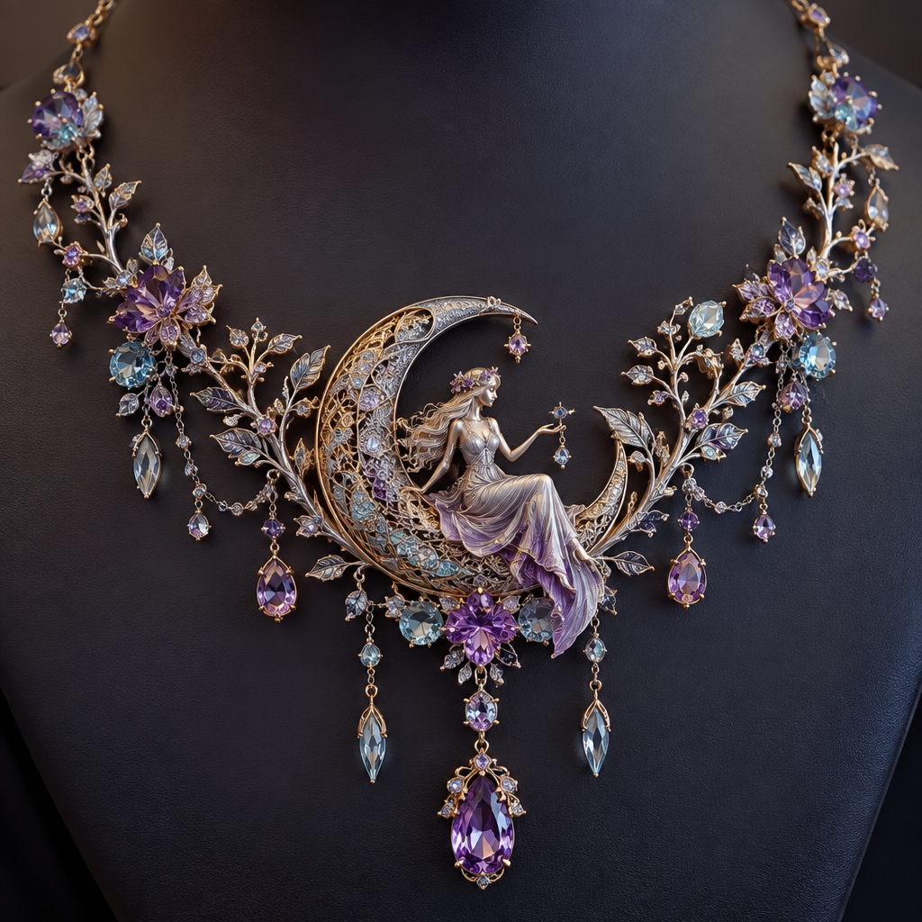 A nature-inspired women's necklace made of mixed metal with amethyst and aquamarine stones suitable for wedding, highly ornate, intricate and elaborate, richly detailed. I need this necklace to be superb with celestial moon under girl sitting on it
full nature inspired for the wedding
photorealistic jewelry design, A nature-inspired women's necklace made of mixed metal with amethyst and aquamarine stones suitable for wedding, highly ornate, intricate and elaborate, richly detailed. I need this necklace to be superb with celestial moon under girl sitting on it
full nature inspired for the wedding, nature_inspired style, just the design no text