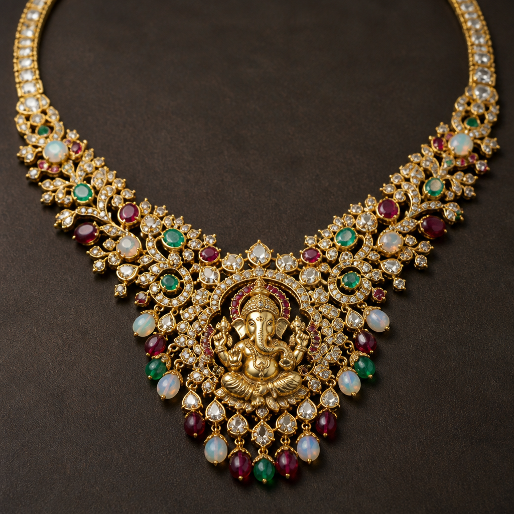 A luxury women's necklace made of gold with diamond and emerald and opal and ruby stones suitable for wedding. a jwellery ha mini many gemstone and ganesh murti design
photorealistic jewelry design, A luxury women's necklace made of gold with diamond and emerald and opal and ruby stones suitable for wedding. a jwellery ha mini many gemstone and ganesh murti design, luxury style, just the design no text