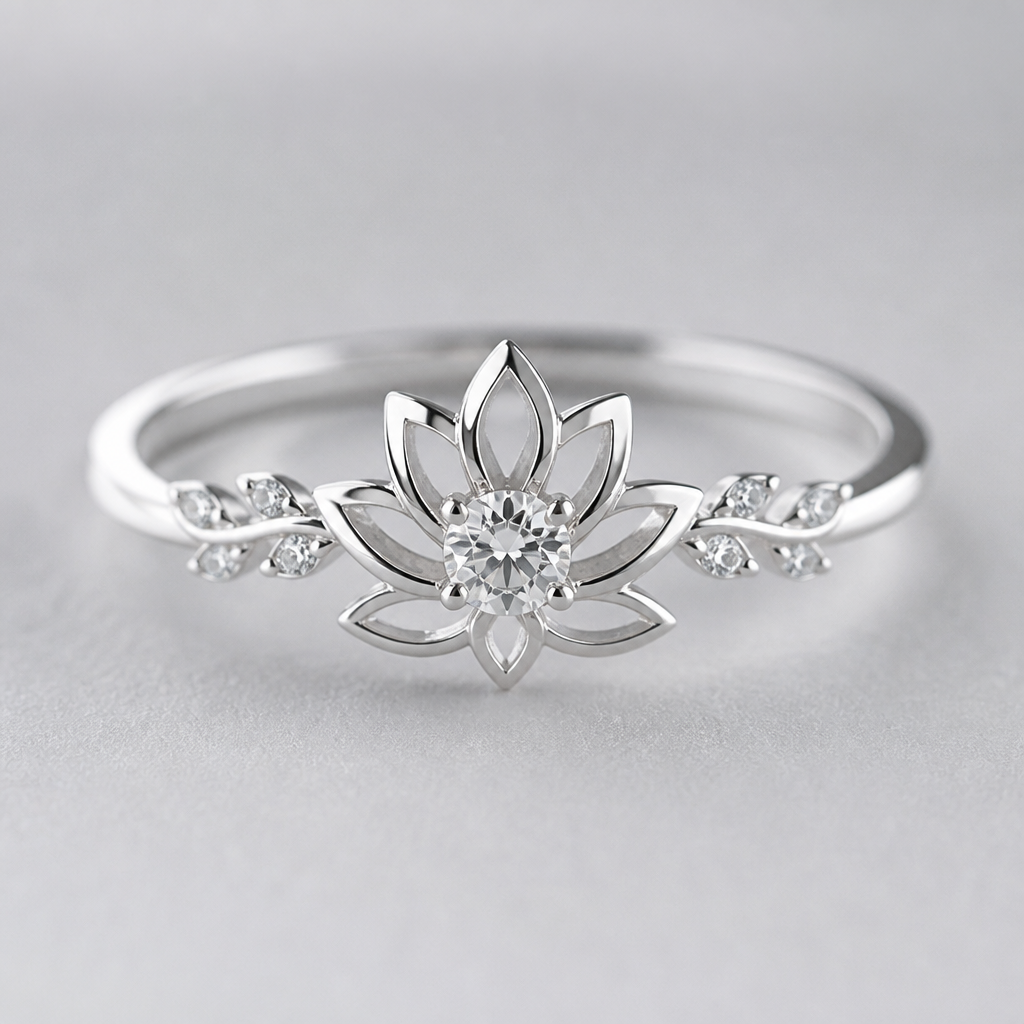 A minimalist women's ring made of silver with diamond stones. minimaliste avec un beau lotus avec quelque details delicat avec 1 diamant dans le milieu super féminin
photorealistic jewelry design, A minimalist women's ring made of silver with diamond stones. minimaliste avec un beau lotus avec quelque details delicat avec 1 diamant dans le milieu super féminin, minimalist style, just the design no text