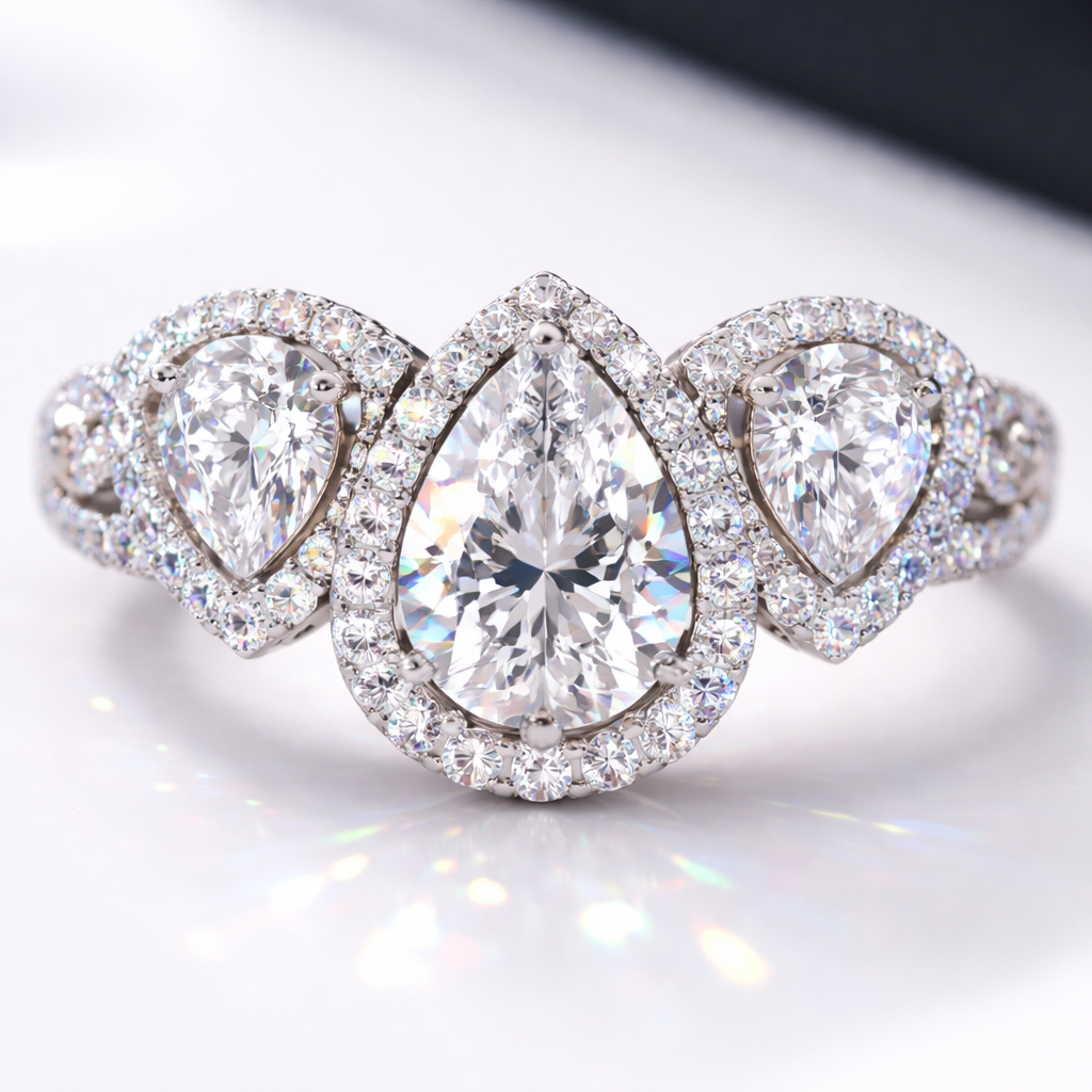 AB micro diamonds encase two smaller up turned tear drop .5 carat diamonds and one down turned 1 carat diamond in the center.