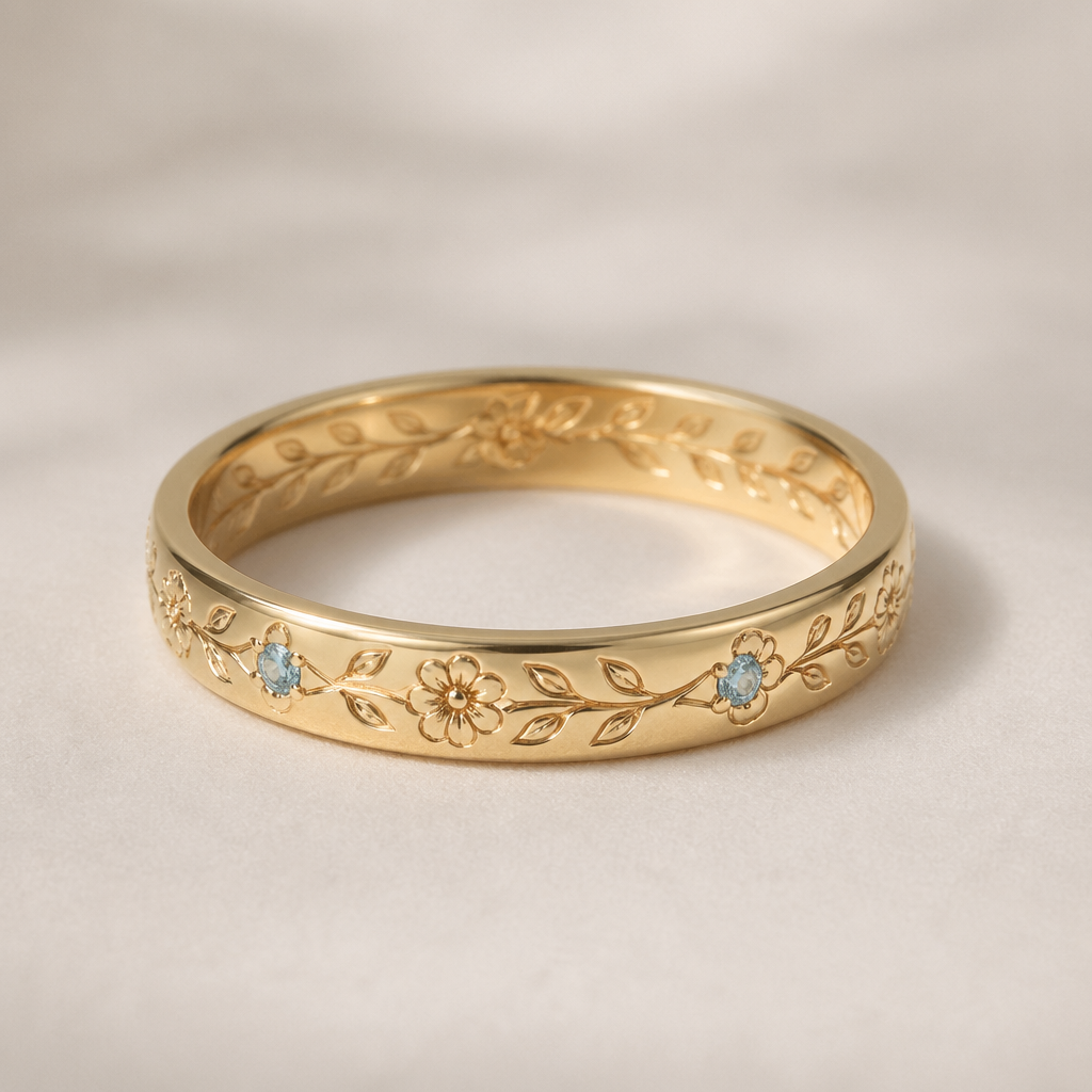 A minimalist women's ring made of gold with aquamarine stones suitable for wedding. “Je voudrais une alliance en or, avec des motifs floraux fins à l’extérieur, et une gravure personnalisée à l’intérieur.
photorealistic jewelry design, A minimalist women's ring made of gold with aquamarine stones suitable for wedding. “Je voudrais une alliance en or, avec des motifs floraux fins à l’extérieur, et une gravure personnalisée à l’intérieur., minimalist style, just the design no text