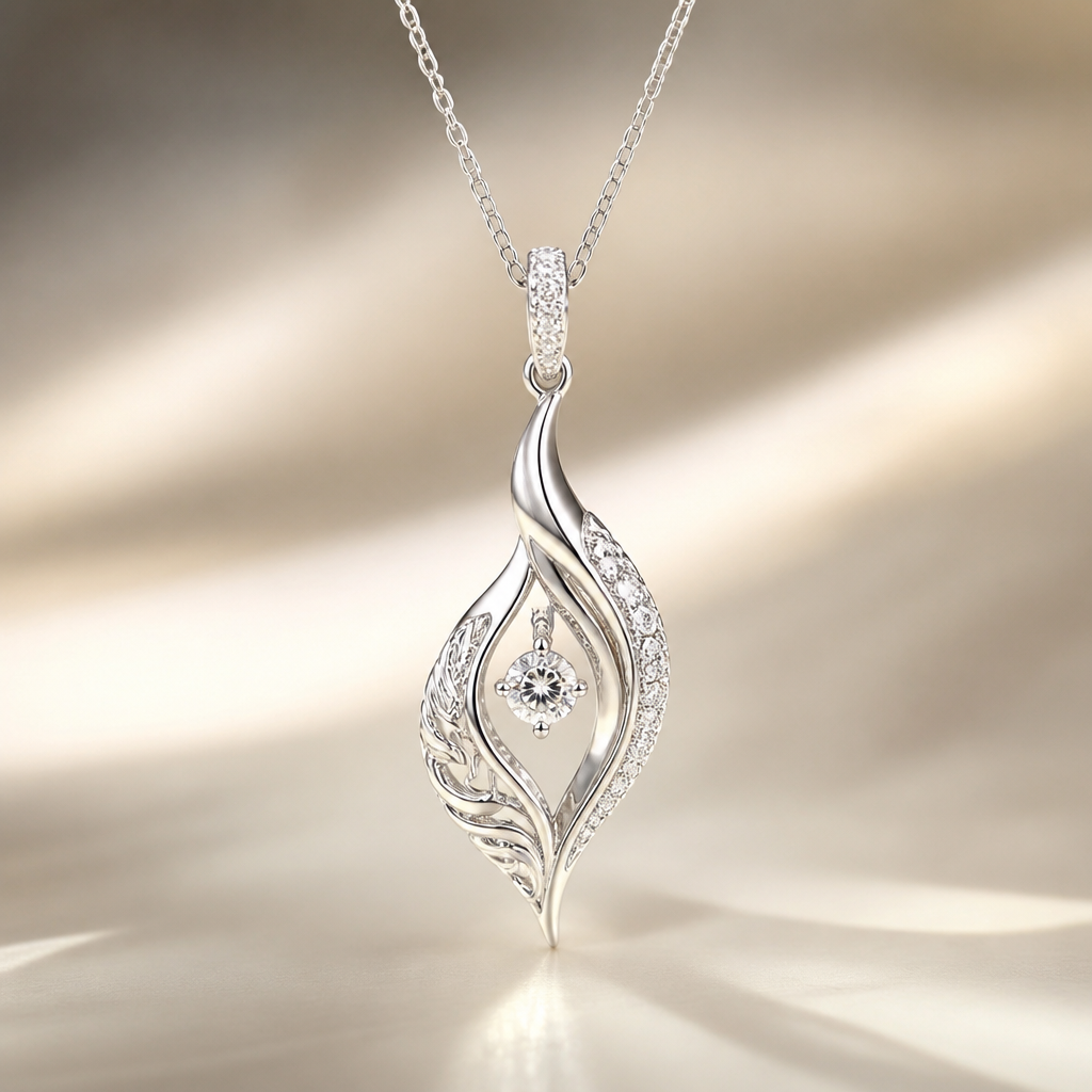 A modern women's pendant made of white gold with diamond stones suitable for daily wear. ใช้ลายไทยเป็นส่วนประกอบ, cost 10,000฿
photorealistic jewelry design, A modern women's pendant made of white gold with diamond stones suitable for daily wear. ใช้ลายไทยเป็นส่วนประกอบ, cost 10,000฿, modern style, just the design no text